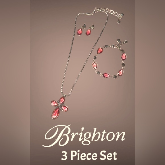 BRIGHTON 3 PIECE SET -LaVie Iridescent Pink Crystal Cross w/ Earrings & Bracelet - Picture 2 of 15